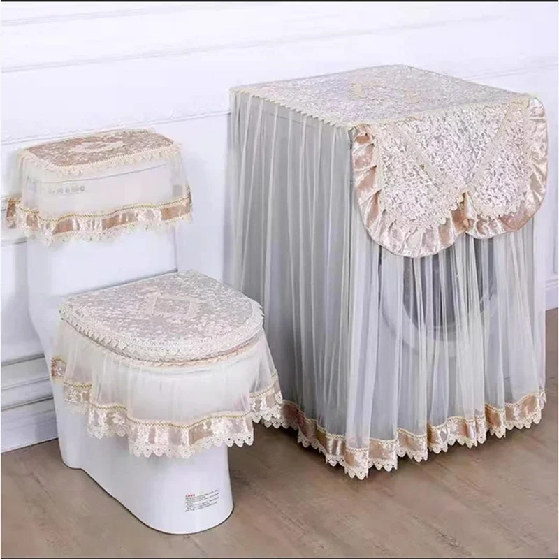 Lace Embroidered Toilet Three Piece Washing Machine Cover Home Decoration Velvet Toilet Cover Detachable Washing Machine Cover