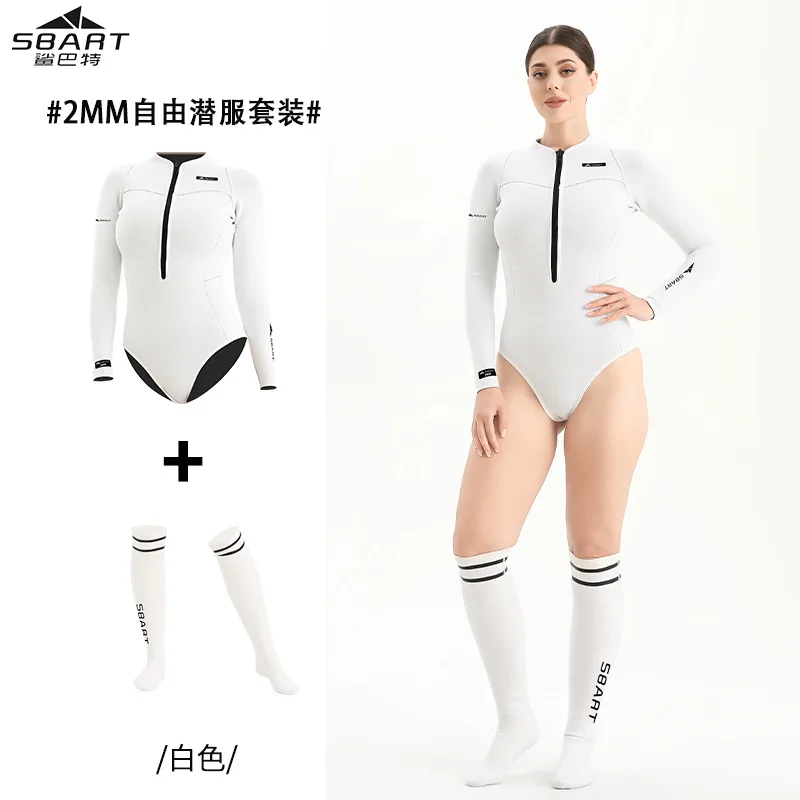 بدلة غطس مجانية من قطعة واحدة مقاس 2 مم، بدلة غوص دافئة بأكمام طويلة، بدلة قنديل البحر للسيدات، بدلة ركوب الأمواج بيكيني، ملابس سباحة بيضاء