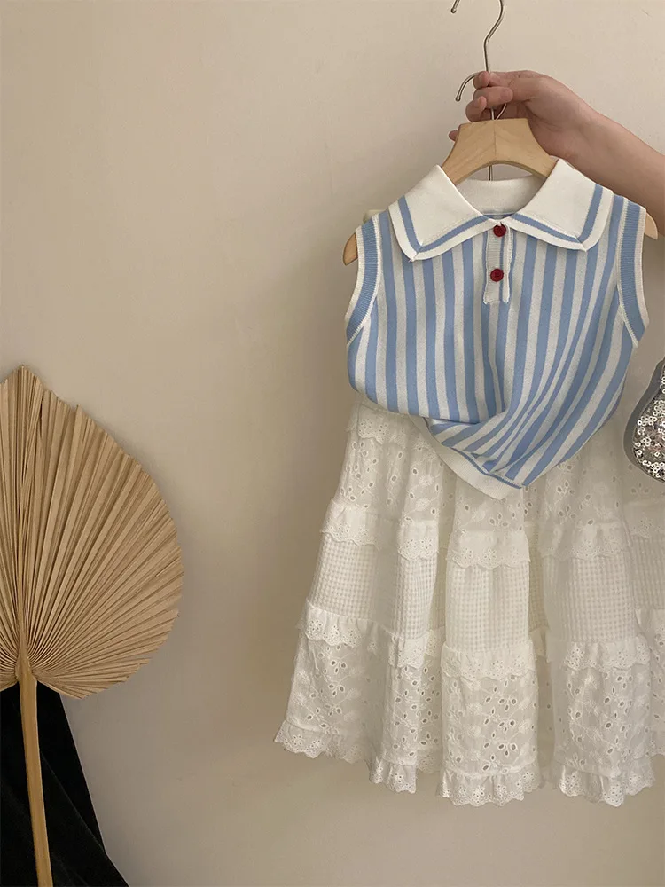 Girls' Korean  sleeveless striped sleeveless top 2025 splicing solid color versatile half skirt stylish two-piece set