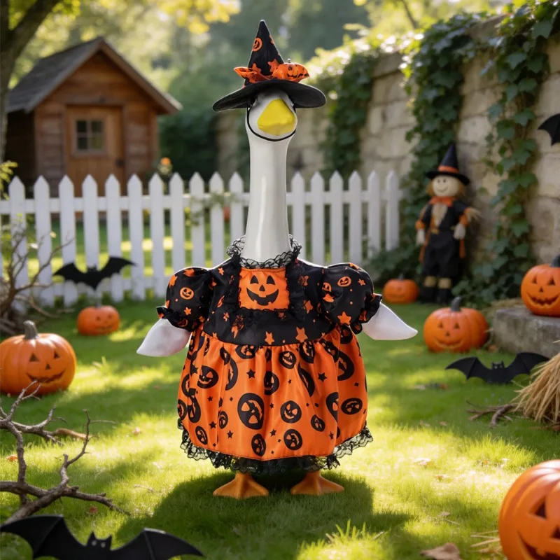 23 Inch White Statue Halloween Goose Clothes Black Velvet Cape Matching Hat for Outdoor Lawn Display（Excluding Geese）
