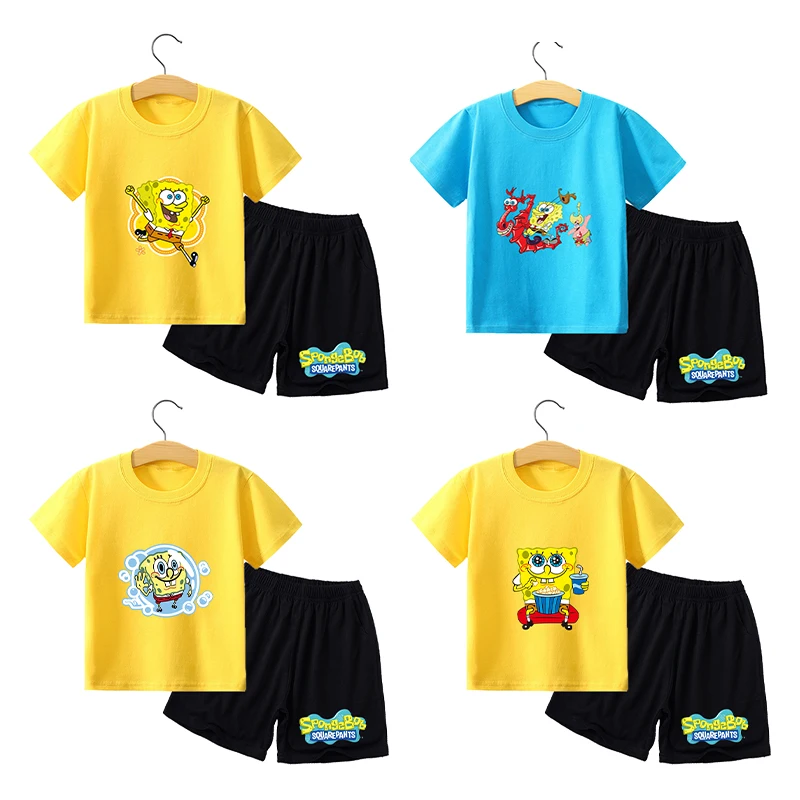 

SpongeBob SquarePants Outdoor Sports Clothing Set Anime Movie Cartoon Print for Kid Baby Home Pajamas T-Shirt Shorts Summer Gift