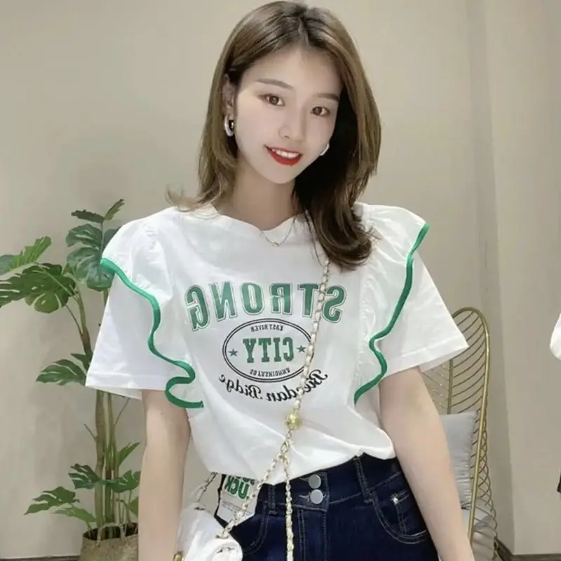 Fashion O-Neck Spliced Letter Printed Ruffles T-Shirt Women\'s Clothing 2024 Summer New Casual Pullovers Commuter Tee Shirt