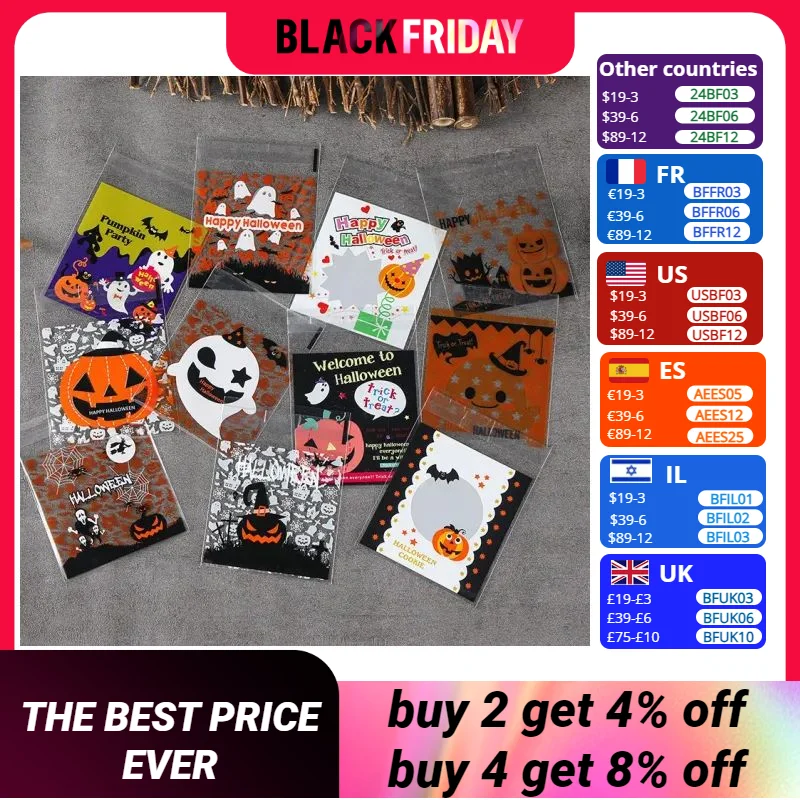 100PCS Halloween Small Jewelry Bags Self Adhesive Clear Cookie Candy Bags for Kids Halloween Party Favor Gift Packing 10x10CM