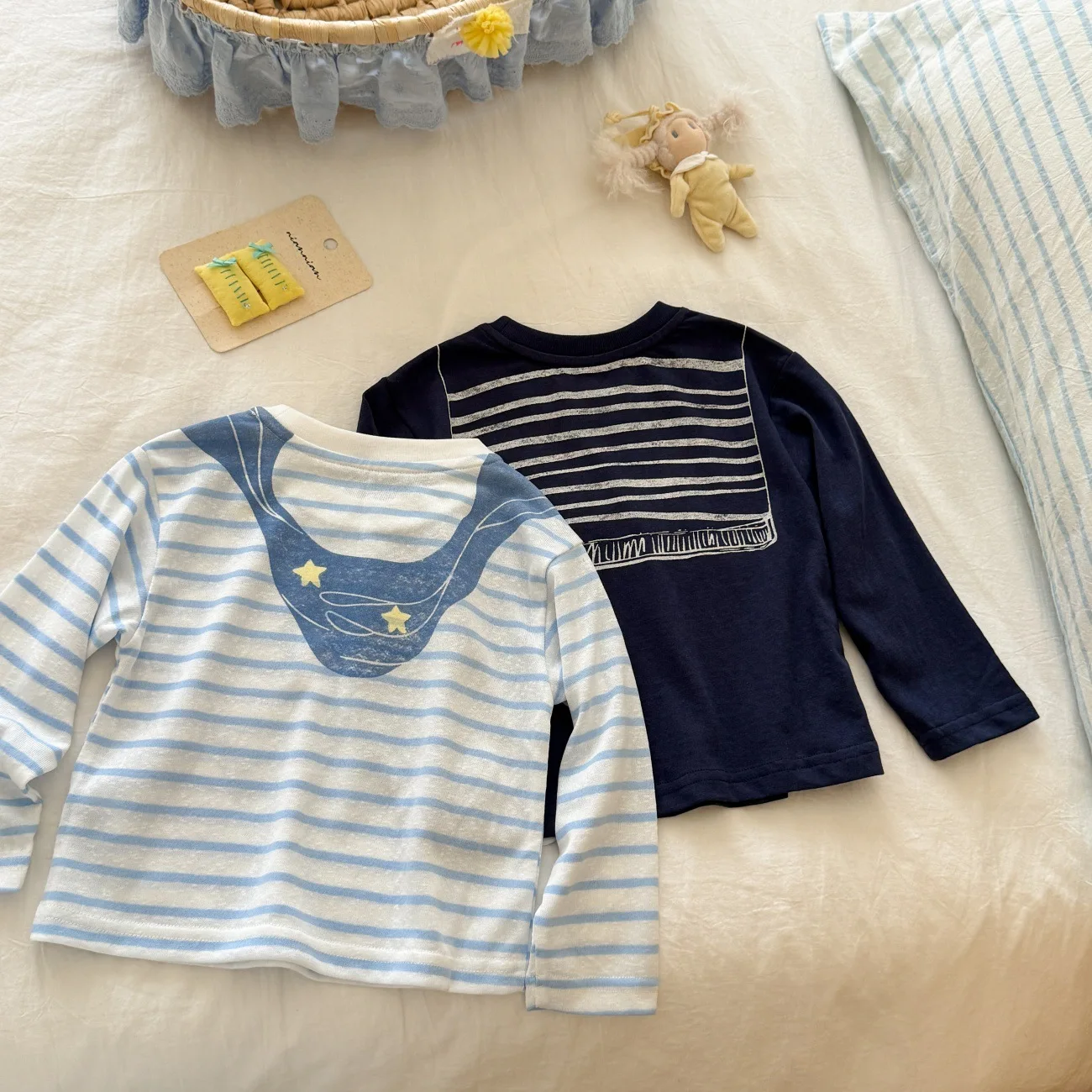 Fall New Navy Style Stylish Fake Two Layer Striped Long Sleeve T Shirt Kids Sun Protection Shirt Blue White Striped Top T Trendy