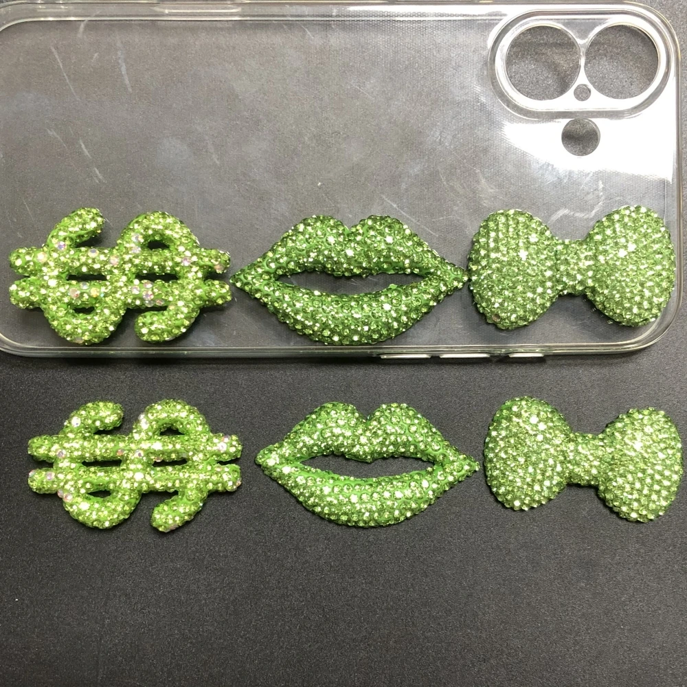 2Pcs Luxury Cute Bling Full Rhinestone Green Dollar Sign Hollow Out Lips Bow Charms Junk Phone Case Scrapbooking Mirror Decor