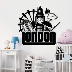 Large London Big Ben Phone Box Wall Sticker Bedroom Adventrue Travel London Sign Wall Decal Play Room Vinyl Decor