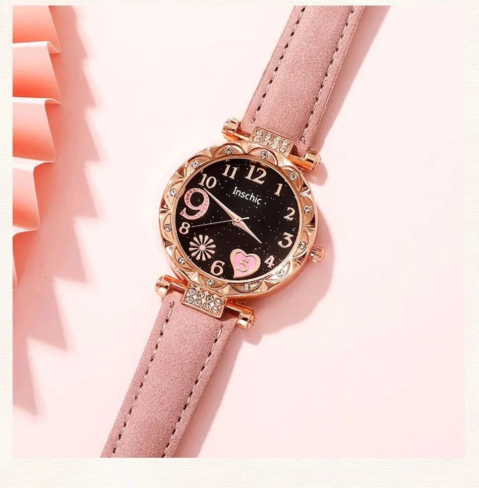 Ladies\' Fashion Quartz Watch Luxury Pink Leather Strap Simulated Watch Ladies\' Watch Women\'s Dress Bracelet Set Clock