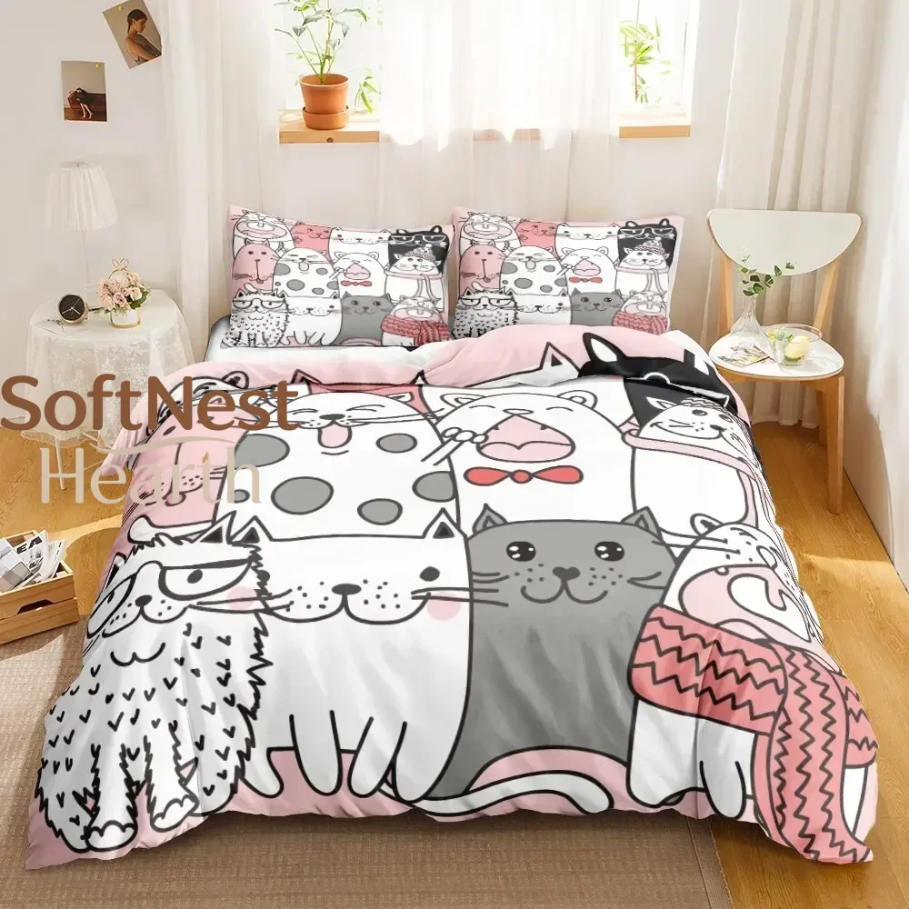 2026 Cat Duvet Cover Set Digital Different Color Cartoon Cute Cat Bedding Set Bedclothes Double Queen King Size Polyester Qulit