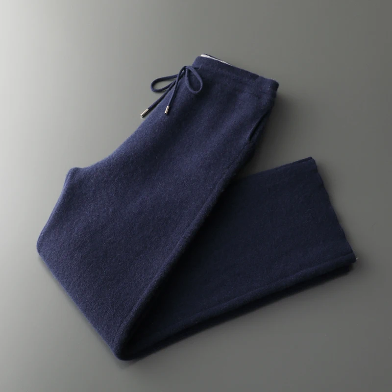 New 100% Cashmere Elastic-Waist Thickened Wide-Leg Men's Casual Fashion Long Pants Autumn Winter Warm Comfortable Knitted Pants