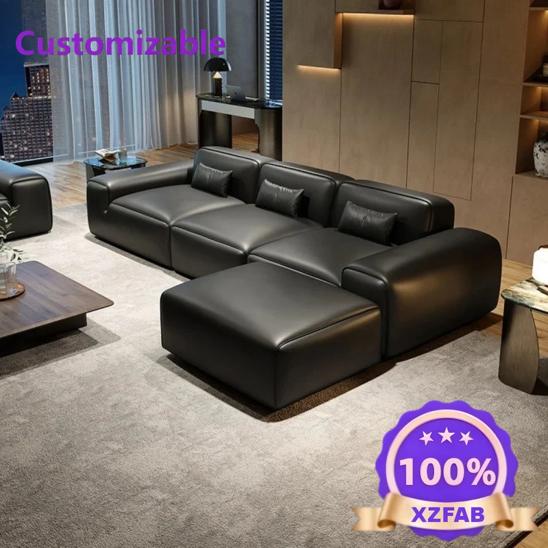 Factory Direct 2026 Sofa straight row tofu block latex leather atmosphere small apartment living room Italian first layer cowhid