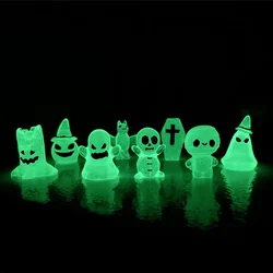 8 pçs caixão luminoso abóbora morcego fantasma crânio figuras de ação decoração do dia das bruxas adereços de terror brilho no escuro micro paisagem em miniatura