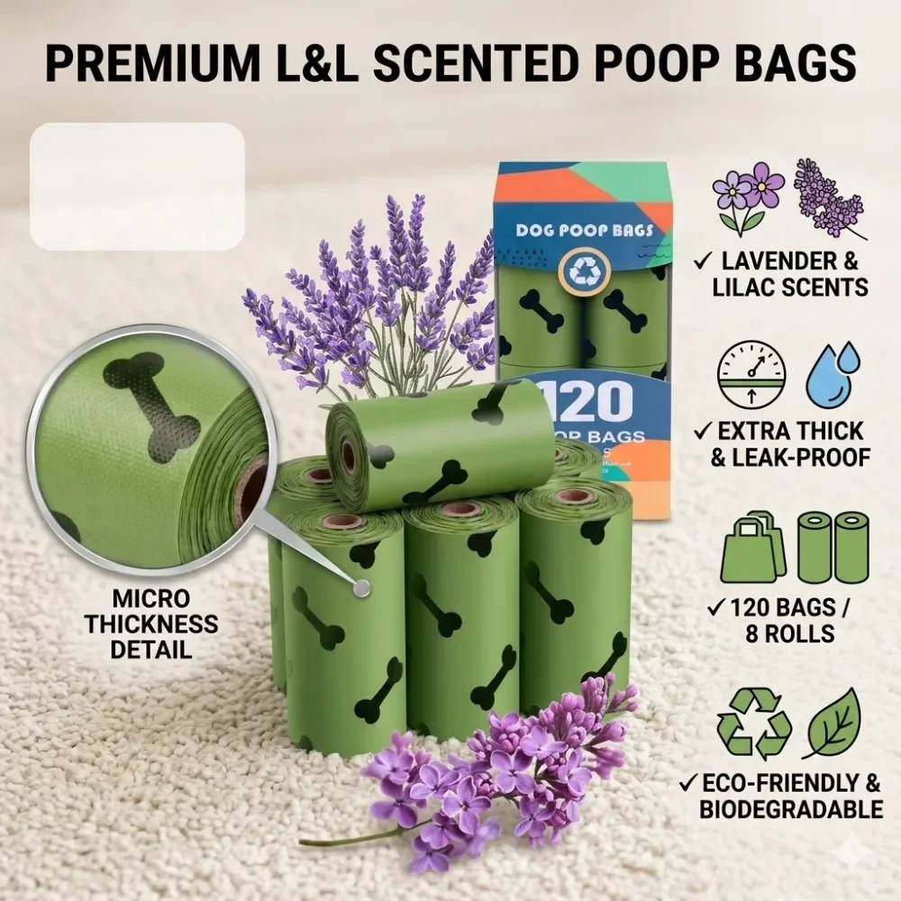 Bolsas para excremento de perro con aroma a lavanda - 120 bolsas grandes biodegradables, extra gruesas, resistentes, de almidón de maíz, compostables, a prueba de fugas.
