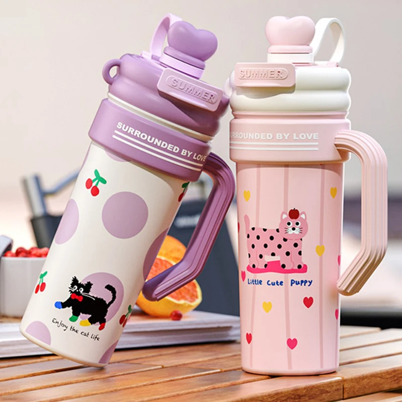 

700ml Cartoon Animation Stainless Steel Straw Cup with Large Capacity Thermal Insulation Portable Outdoor Water Bottle