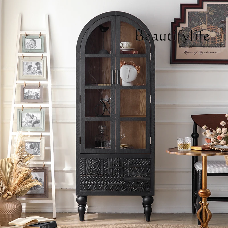 

French retro living room against the wall wine cabinet display cabinet glass arched relief cabinet multi-layer locker