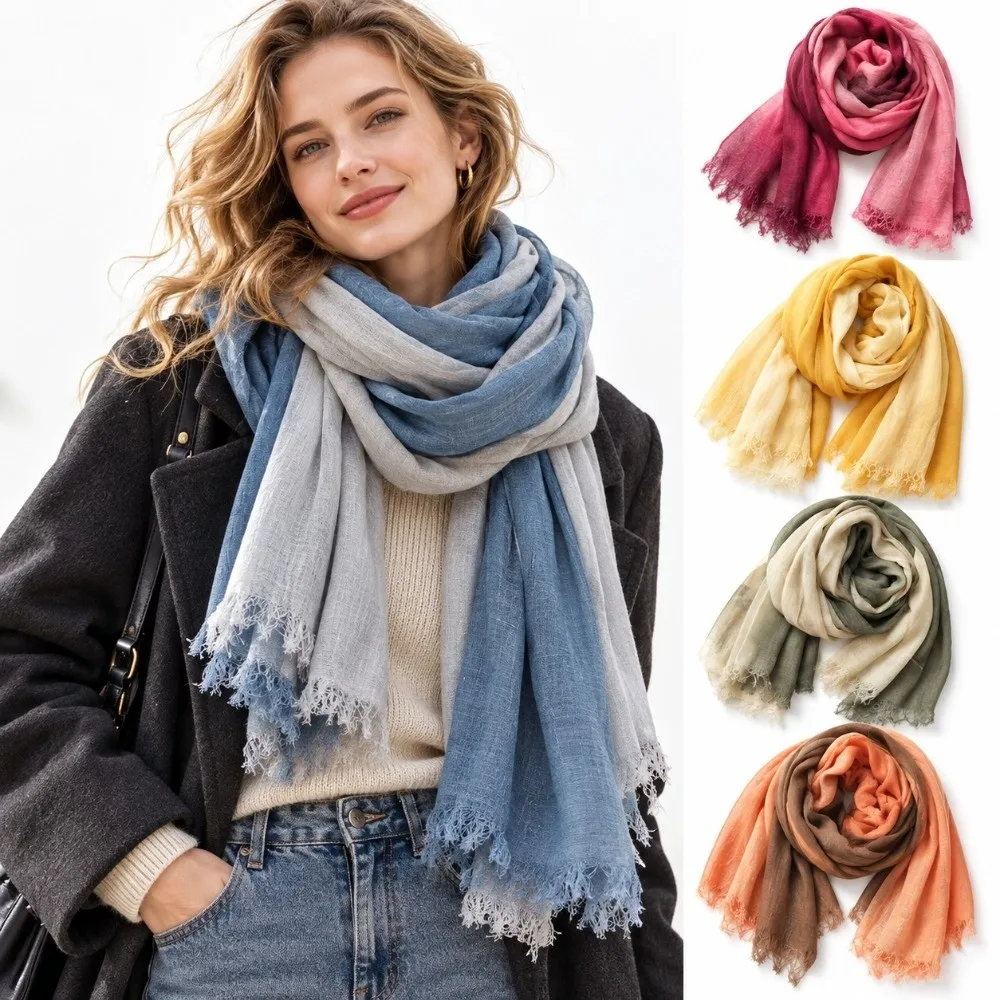 Japanese Style Unisex Cotton Linen Scarf Lightweight Gradient Splicing Long Soft Shawl Tassel Slub Yarn Scarf For Women Ladies