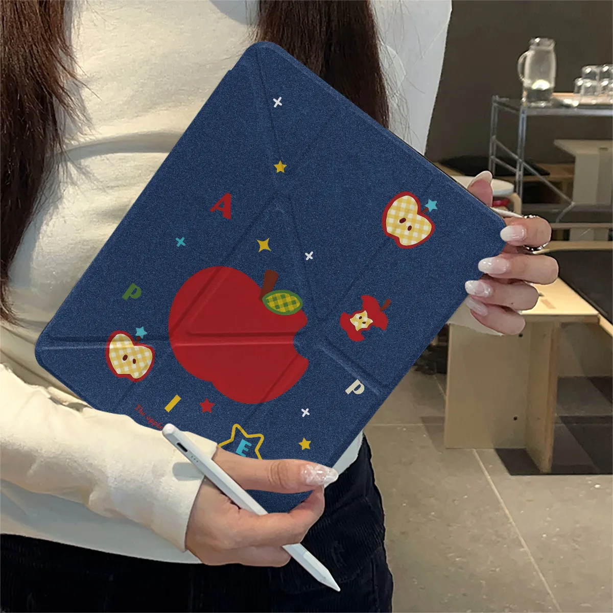 

Cartoon Cute Star Blue Grid Apples For iPad Pro Air M5 M4 M3 M2 13'' 11'' 2 1 11th A16 12.9" 10 9 8 5 Th Mini 7 6 8.3" Case