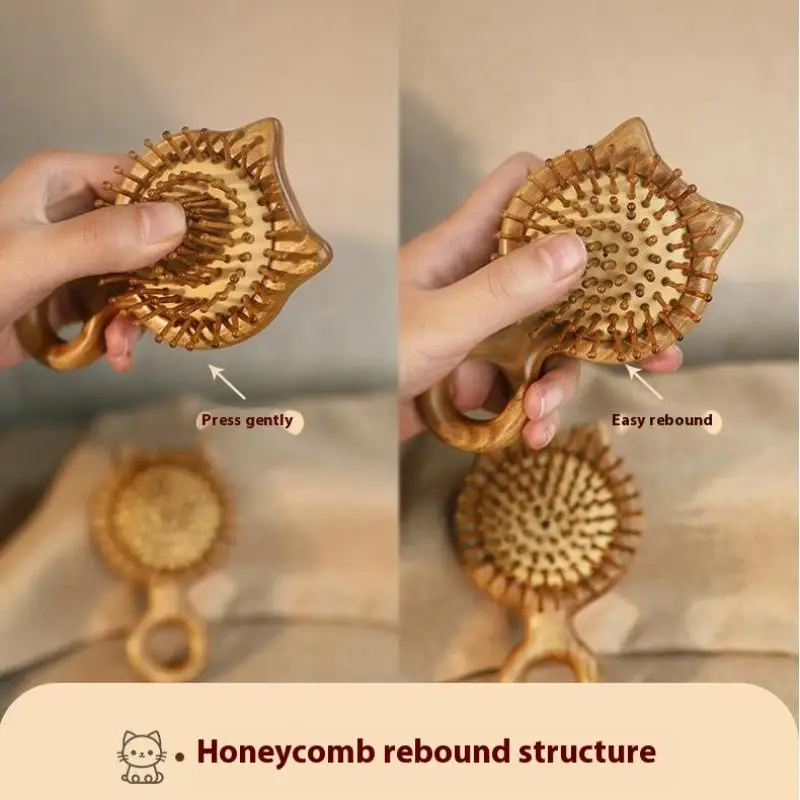 مشط تدليك فروة الرأس الخشبي على شكل قطة كرتونية من Garapa، مشط ميريديان، مشط شعر الرأس المسنن، تدليك الجسم، العناية بكشط جواشا