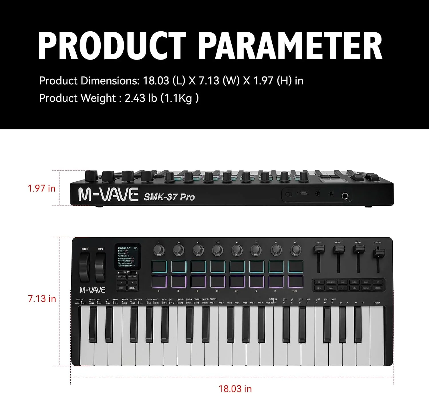 M-VAVE SMK-37 PRO 37-Key MIDI Controller Black/WHITE/RED/PINK Built-in Synthesizer Portable Keyboard MIDI Controller