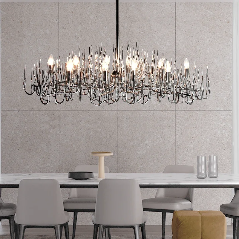 LED soggiorno sala da pranzo lampadario rettangolare argento appeso ramo cucina lampada Lsland apparecchio di illuminazione