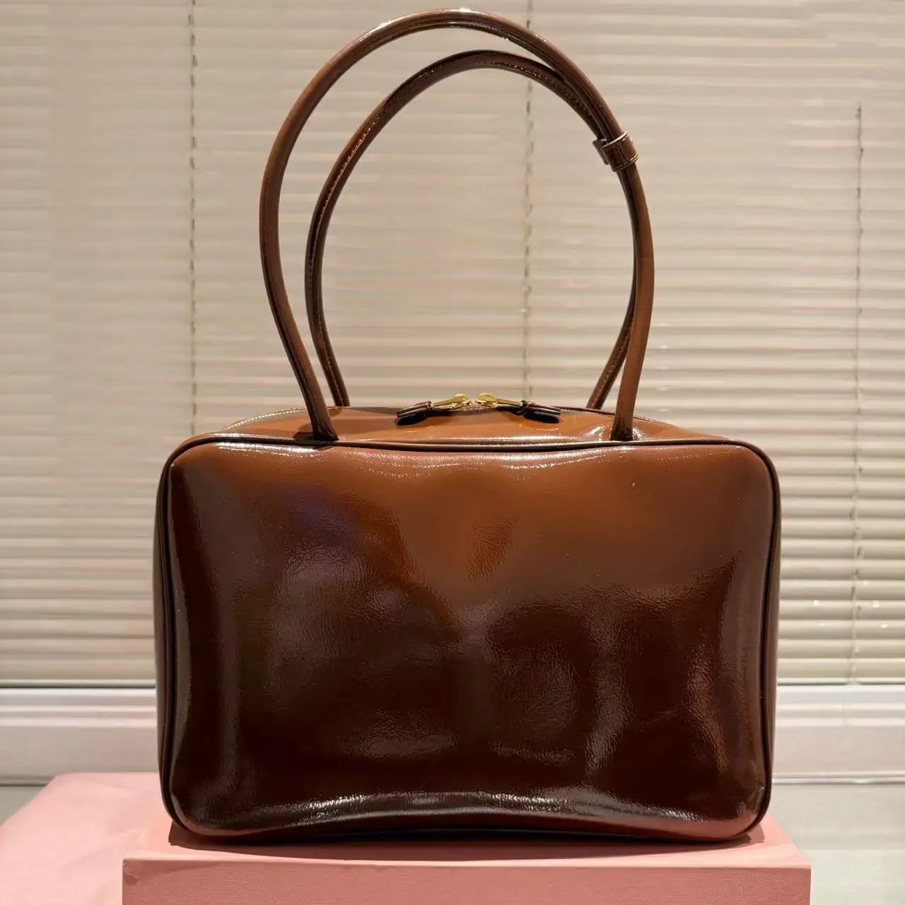 

New leather briefcase retro long handle bowling bag Boston bag high-quality luxury woman bag hand-held shoulder bag Women's bags