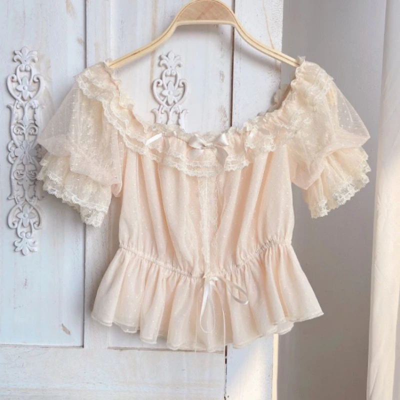 Summer Vintage Elegant Lolita Blouse Women Kawaii Ruffles O-Neck Bow Lace Slim Bandage Top Japanese Puff Sleeves Princess Shirts