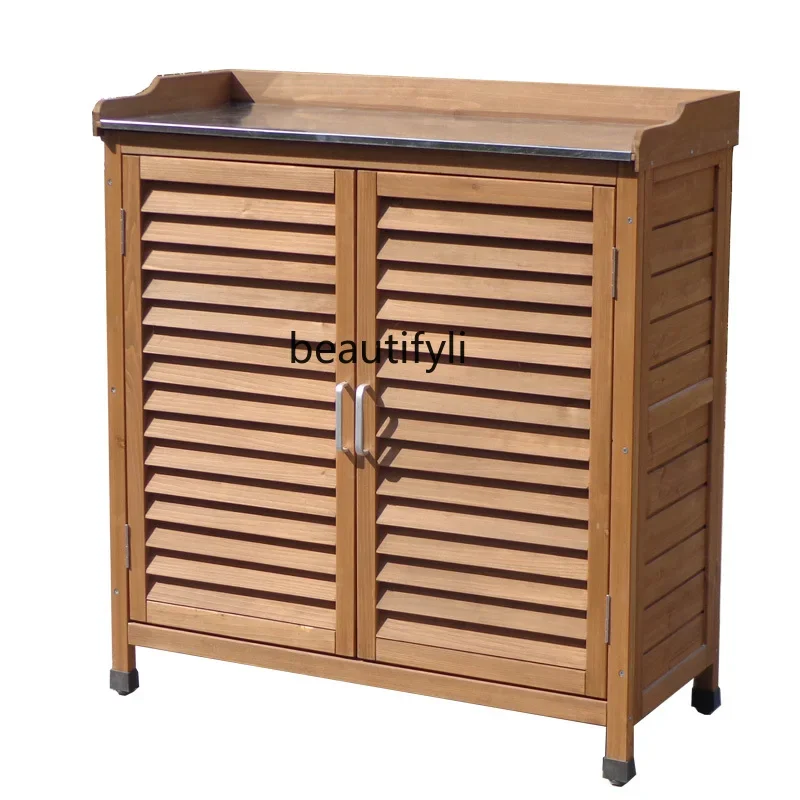 Outdoor solid wood shoe cabinet storage waterproof and sunscreen courtyard tool box garden balcony utility cabinet