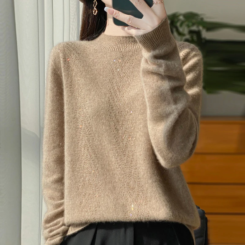 Autumn and winter plus size women's semi-turtle neck high-grade 100% pure wool new bottoming knitted cashmere sweater