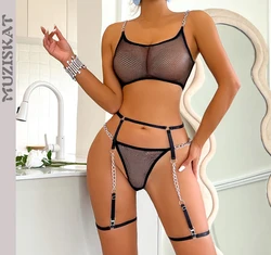 MUZISKAT 2024 New Bra Set See-Through Mesh Chain Sexy Lingerie Garter Four And Five Sets Of Female