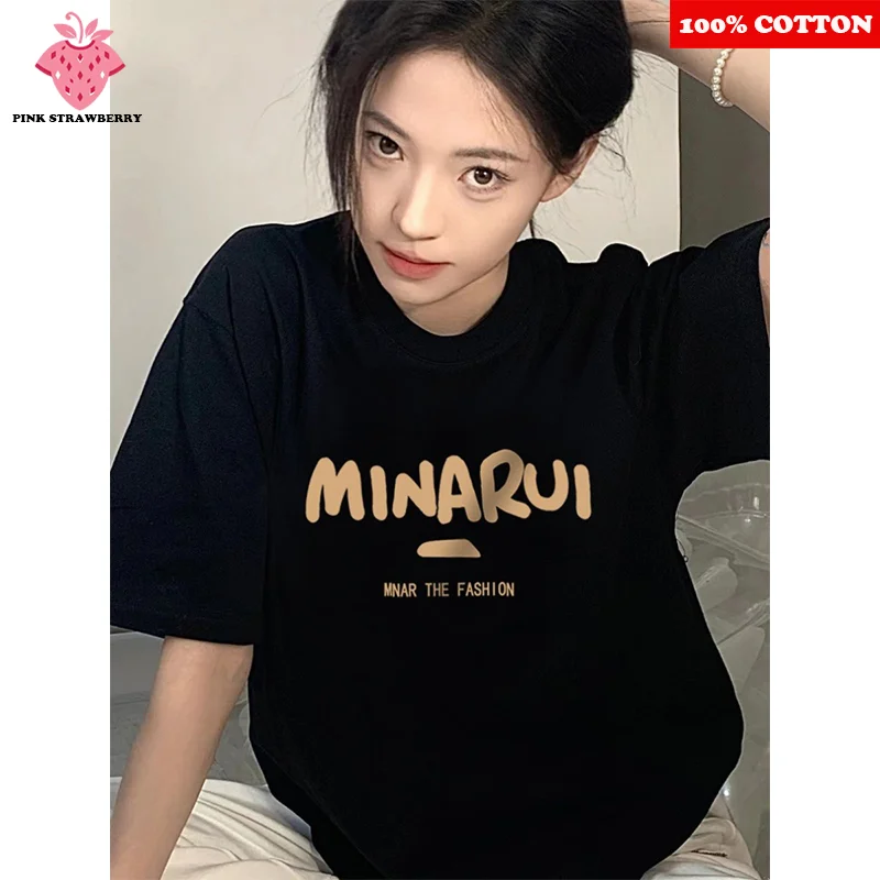 

American Retro Black Short sleeve T-shirt Women Summer 2025 New 100% Cotton Letter Print Casual T-shirt Y2k Top Female clothing