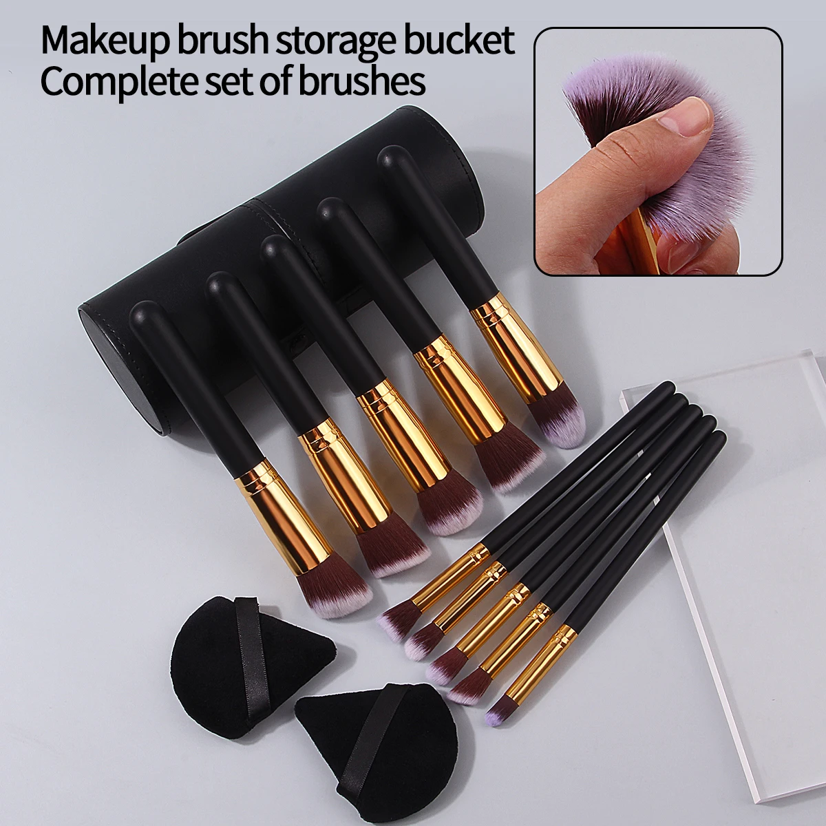 The 13PCS makeup brush set includes a facial makeup brush, a triangular powder puff, and a storage bucket for beauty tools