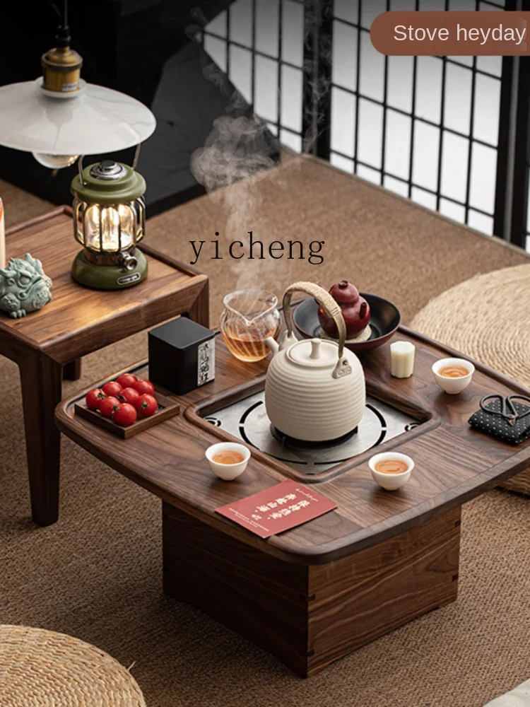 Zc Walnut Fire Bowl Charcoal Stove Box Combination Solid Wood Multi-Functional Edge Tea Table Tea Space Stove Cooking Tea Table