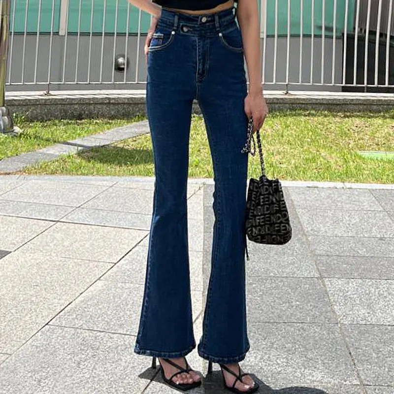 

Retro Light Blue High Waist Bell Bot Jeans Women's Summer Long Pants Asymmetrical Button Design Slimming Wide Leg Trousers