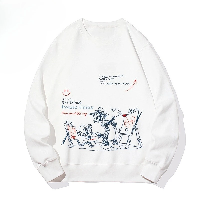 

Толстовка с круглым вырезом и принтом Тома Джерри на осень/зиму 2025 — свободная и модная уличная одежда для мужчин и женщин.