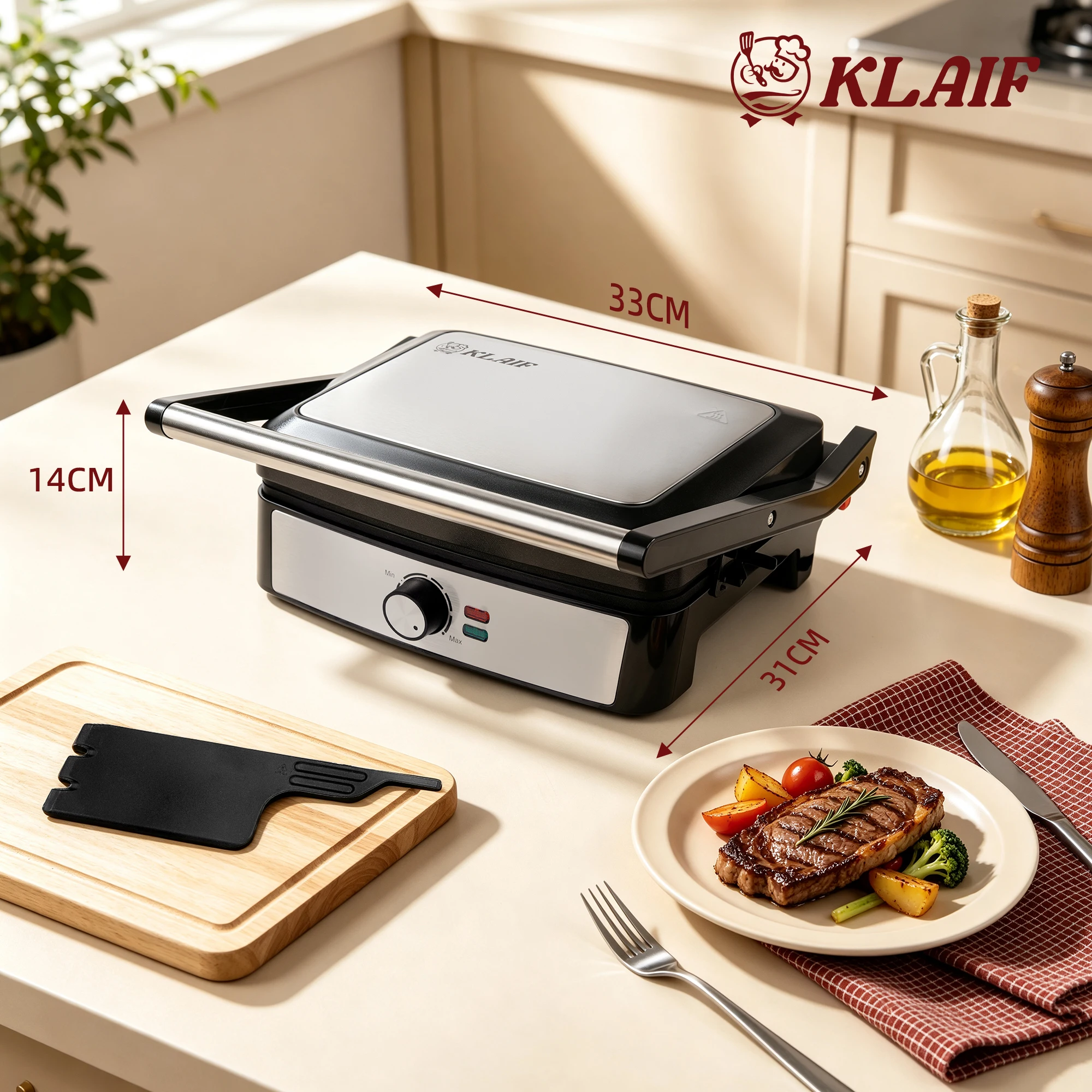 Image of Elektrischer Steakgrill mit Einstellbarer Temperaturregelung, Faltbarer Panini-Maker für Frühstück, Sandwich, Fleisch und Gemüse