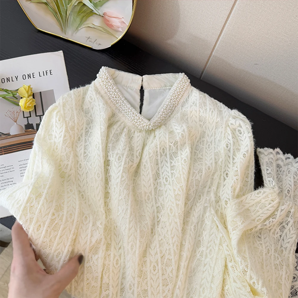 

Cream White Lace Pullover Pearl Decoration Pullover Stand Collar Design Top Minimalist Sweet Style Sweater Womens Clothing