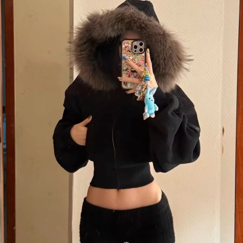 Deeptown Black Fur Collar Zipper Hoodies Women Vintage Fashion Crop Hooded Sweatshirt Korean Style High Street Harajuku Hoodies