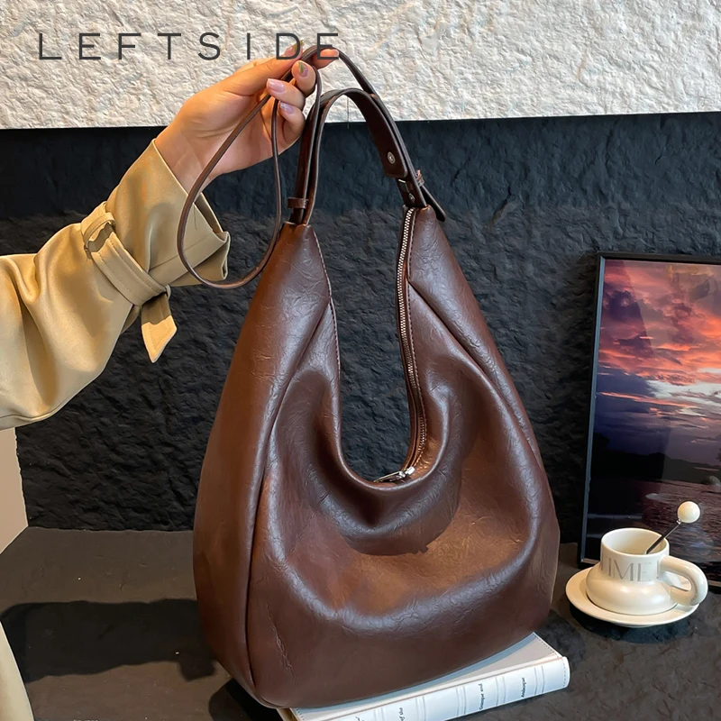 

LEFTSIDE Design PU Leather Hobo Underarm Bags Lady Winter Retro Shoulder Bag for Women 2025 Luxury Handbags Crossbody Bag