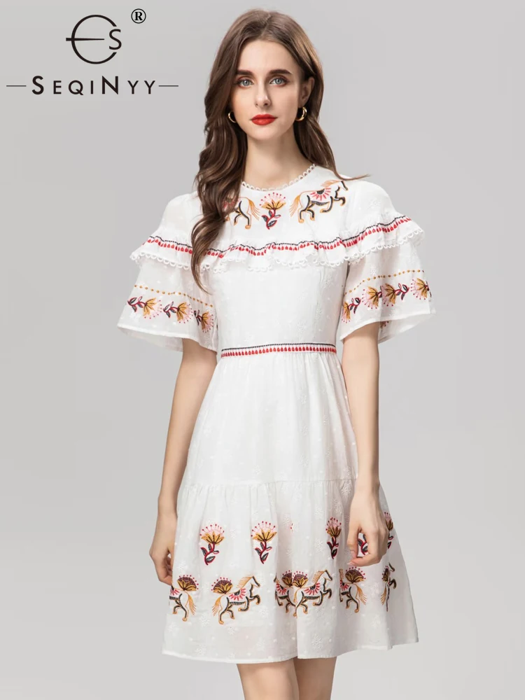 

SEQINYY Casual Mini Dress Summer Spring New Fashion Design Women Runway Short Sleeve Embroidery Flower High Quality Ruffles