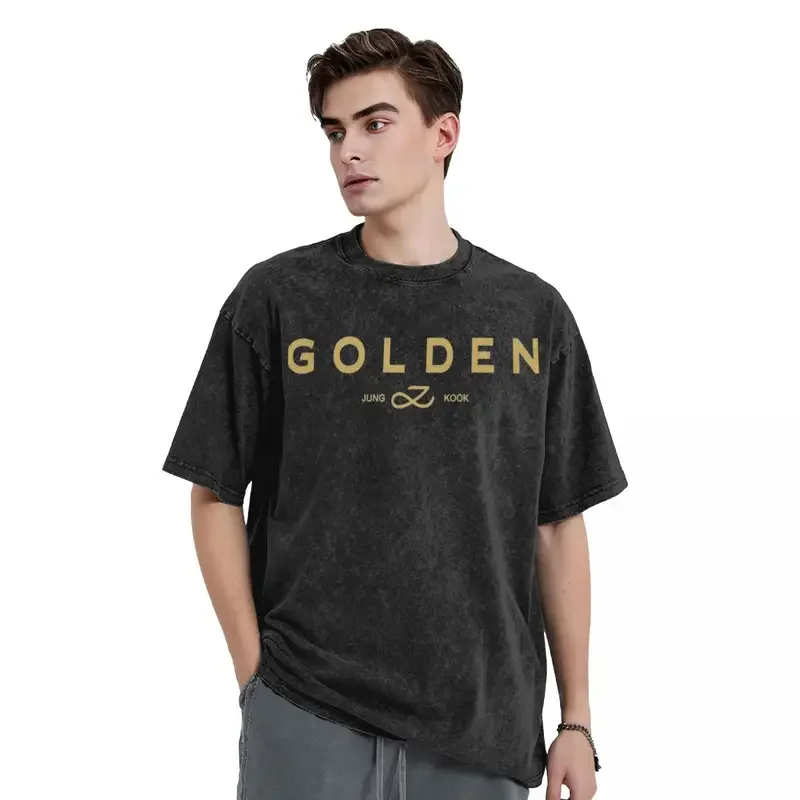 Jungkooks Golden T Shirt Hip Hop Washed Short Sleeve Oversize T-Shirt Vintage for Men Women Tops Streetwear Summer Tees