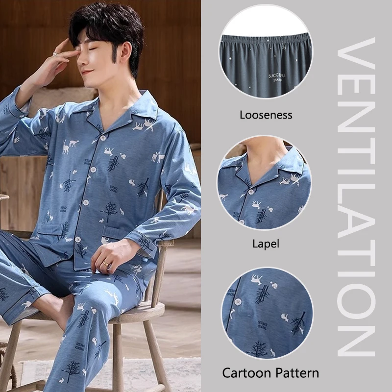 Men's Spring Autumn and Winter Pajamas Printed Long-Sleeved Cardigan Lapel Big Size Home Wear 2 Piece Set Thickened Sleepwear