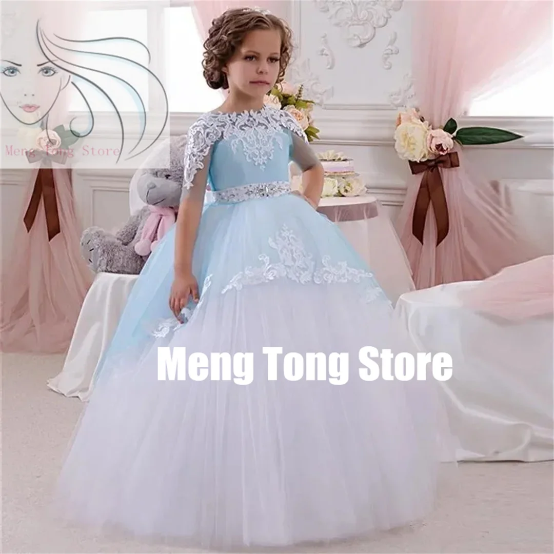 Blue White Bow Belt Formal Princess Flower Girl Dress Lace Appliques Wedding Prom Gowns Birthday Communion Toddler Kids Dress