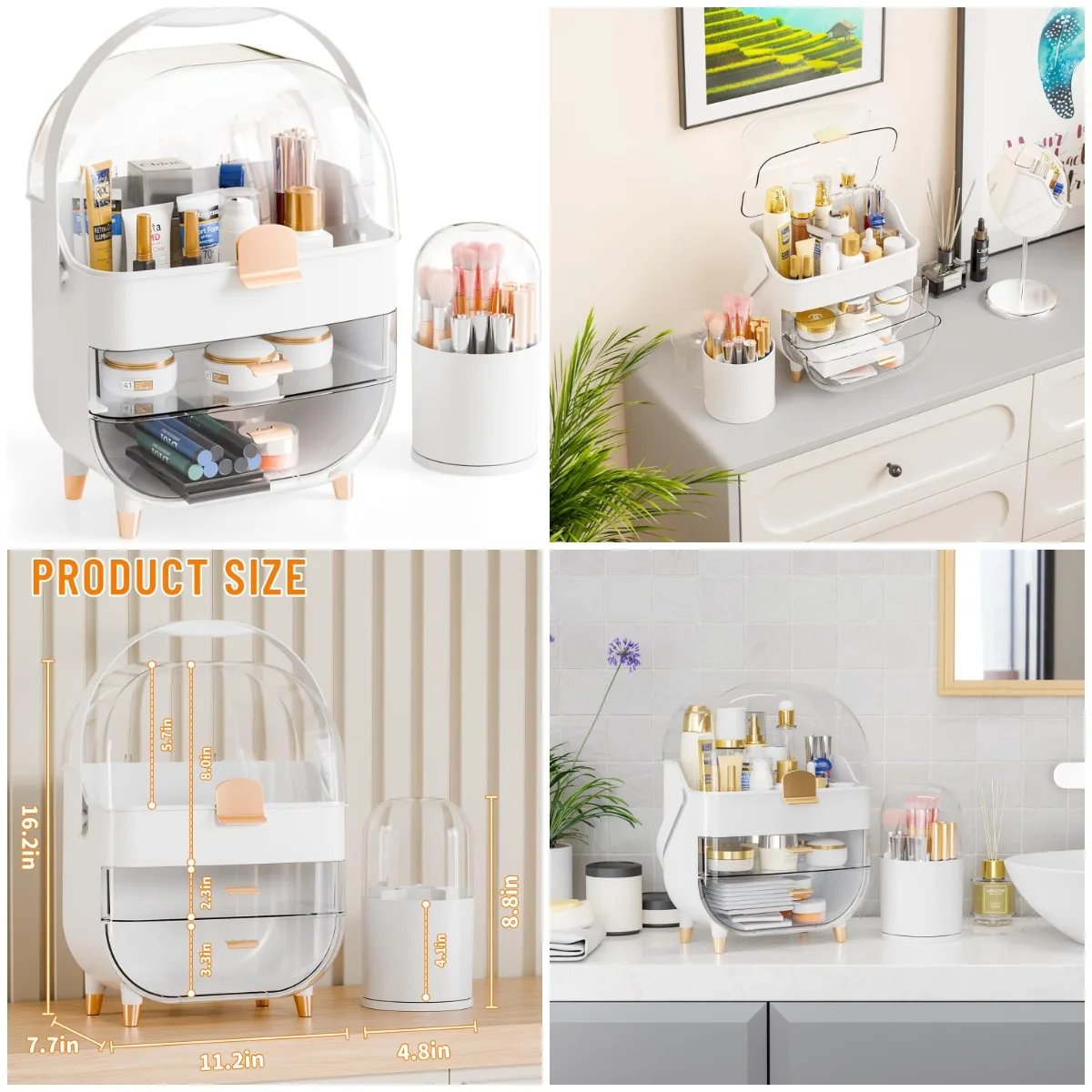 

White Makeup Skincare Organizer with Cover, Large Capacity Cosmetic Storage Box & Brush Holder for Bathroom or Dresser