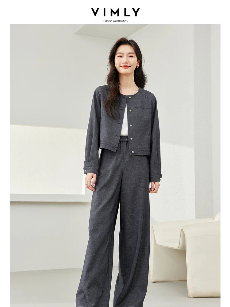 VIMLY Women's Two Piece Set Autumn Long Sleeve Cardigan Jacket+Elastic Waist Pants Commuter Style Casual Simple Workwear Suit