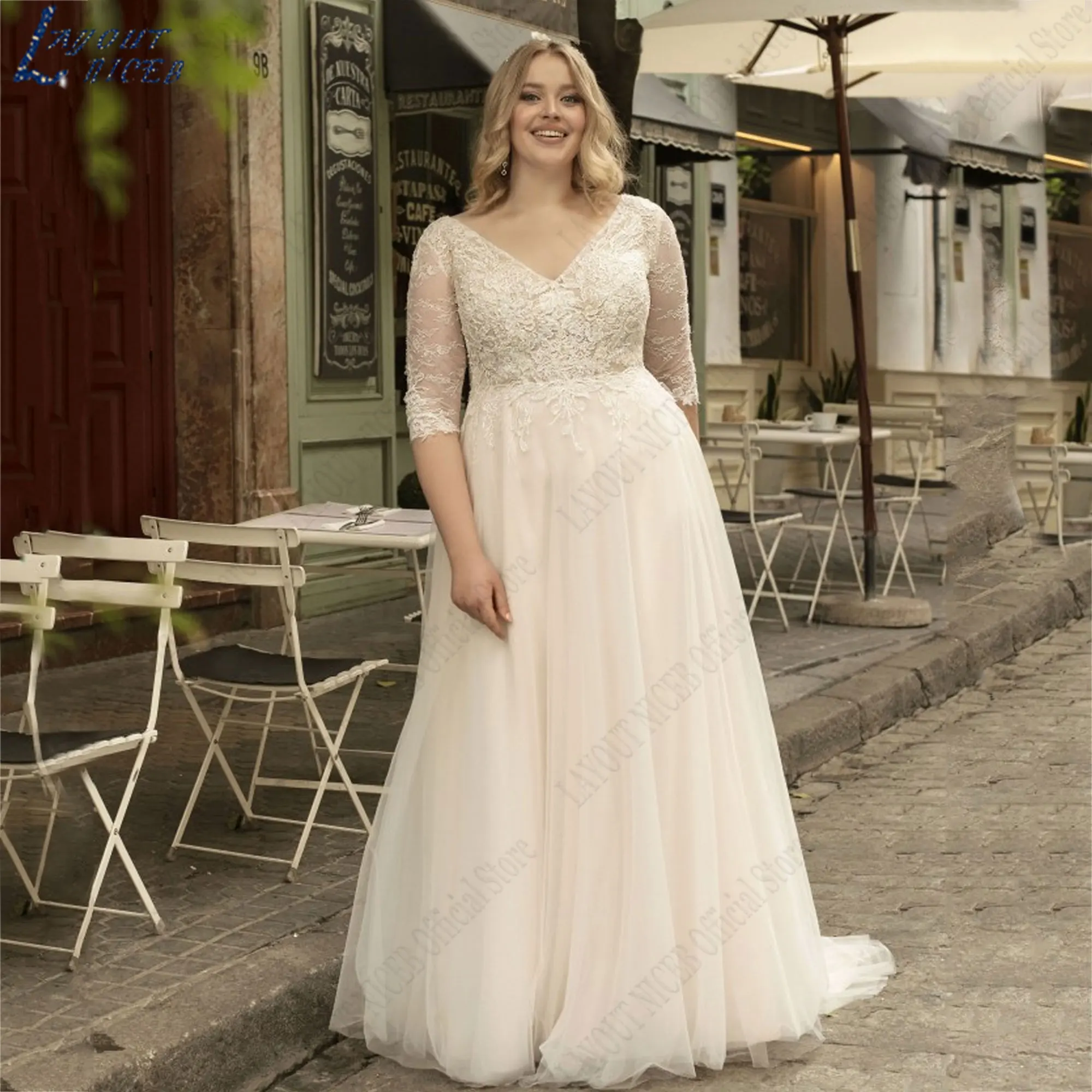 

LAYOUT NICEB Lace V-Neck A-Line Wedding Dresses Half Sleeves Backless Bride Gowns Large Size Women Tulle vestidos novias boda