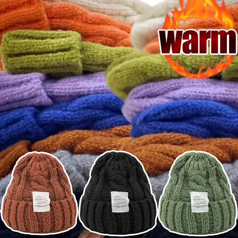 

Winter Coarse Knitted Hat Autumn Warm Woolen Knit Cap Cold Proof Polyester Hats Neutral Big Thick Caps Thermal Skullies Beanies