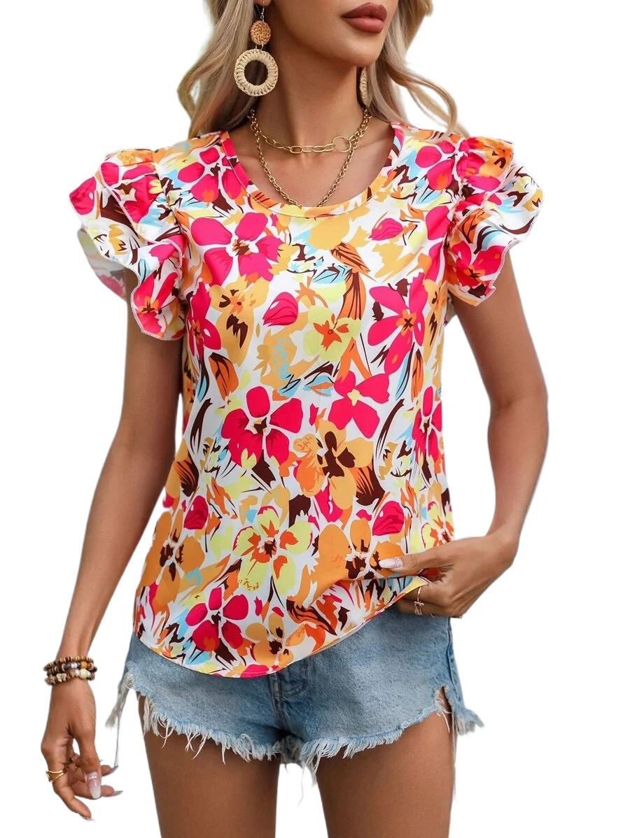 

Elegant Blouses For Women Ruffle Short Sleeve Top Fashion Print Shirts & Blouses Youthful Woman Clothes Summer Trend 2024