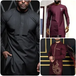 Dashiki T-shirt Men's Summer and Autumn Round Neck Striped Print Long-sleeved African Ethnic Style Men's Suit M-4XL