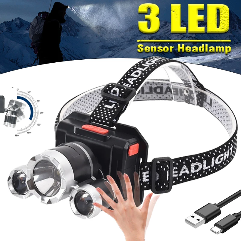 Налобный фонарь с датчиком, 18650 светодиодов, зарядка через USB