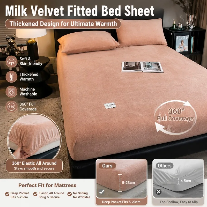 Thickened Warm Bed Sheet Milk Velvet Coral Velvet Fitted Sheet Deep Pocket 5-23cm Elastic Mattress Cover For Autumn Winter Use