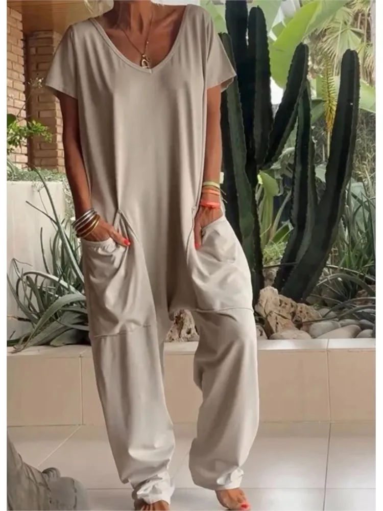 Casual V- Neck Long Jumpsuit 2024 Fashion Women Short Sleeve Pockets Loose Elegant Solid Cross -pants Romper Female Overalls